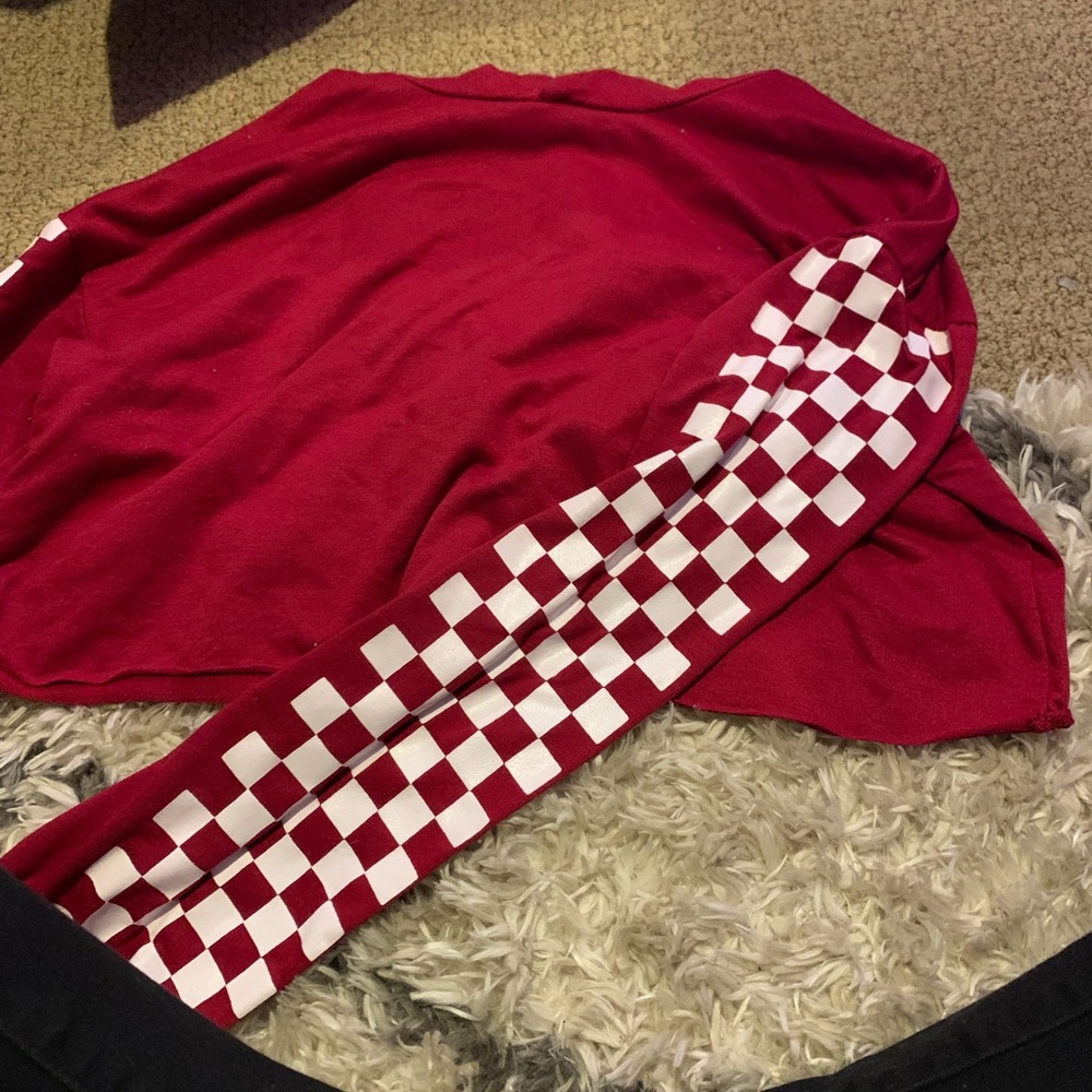 Red with white checkered sleeves